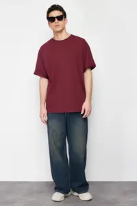 MAN Burgundy Oversized/Wide Cut Basic 100% Cotton T-Shirt - Image 4