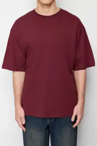 MAN Burgundy Oversized/Wide Cut Basic 100% Cotton T-Shirt - Image 5