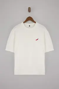 MAN Ecru Biber Embroidered Oversized/Rahat Kesim 100% Cotton  T-Shirt