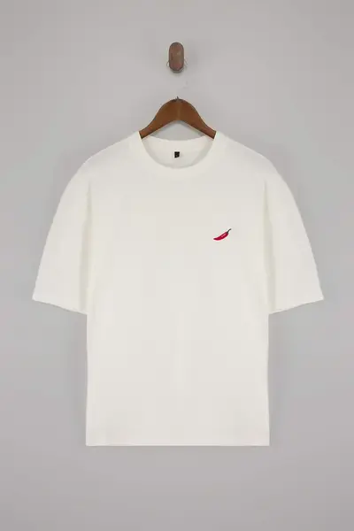 MAN Ecru Biber Embroidered Oversized/Rahat Kesim 100% Cotton  T-Shirt