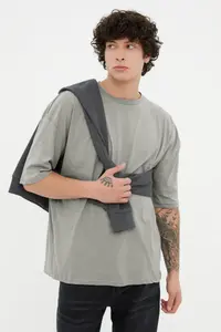 MAN Gray Basic 100% Cotton Crew Neck Oversized/Wide Cut Short Sleeve T-Shirt - Image 2