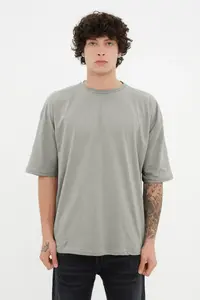 MAN Gray Basic 100% Cotton Crew Neck Oversized/Wide Cut Short Sleeve T-Shirt - Image 6