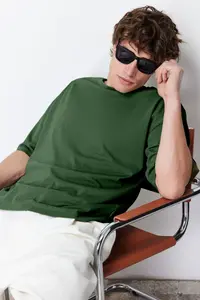 MAN Khaki Oversized/Wide Cut Basic 100% Cotton T-Shirt - Image 4