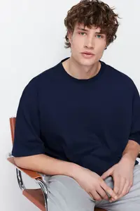 MAN Navy Blue Basic 100% Cotton Crew Neck Oversized T-Shirt - Image 4