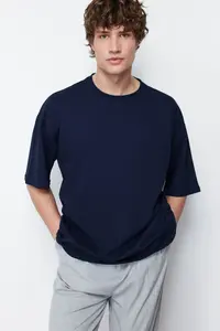MAN Navy Blue Basic 100% Cotton Crew Neck Oversized T-Shirt - Image 5