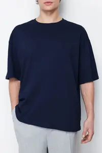 MAN Navy Blue Basic 100% Cotton Crew Neck Oversized T-Shirt - Image 6