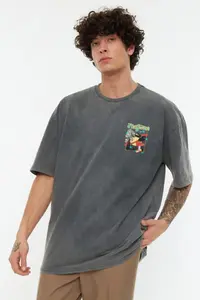 MAN Anthracite Oversized/Wide Cut Faded Effect Mystic Printed 100% Cotton T-Shirt - Image 2