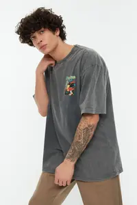 MAN Anthracite Oversized/Wide Cut Faded Effect Mystic Printed 100% Cotton T-Shirt - Image 3