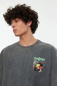 MAN Anthracite Oversized/Wide Cut Faded Effect Mystic Printed 100% Cotton T-Shirt - Image 4
