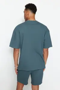 MAN Premium Petrol Blue Blue Blue Oversized/Wide Cut Label Embroidered textured Thick T-Shirt - Image 2