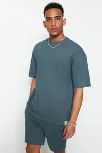 MAN Premium Petrol Blue Blue Blue Oversized/Wide Cut Label Embroidered textured Thick T-Shirt - Image 5