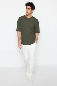 MAN Khaki Oversized/Wide Cut Crew Neck Short Sleeve with pocket Label Detailed T-Shirt - Image 3