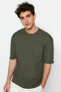 MAN Khaki Oversized/Wide Cut Crew Neck Short Sleeve with pocket Label Detailed T-Shirt - Image 4