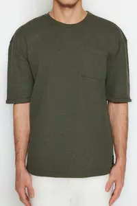 MAN Khaki Oversized/Wide Cut Crew Neck Short Sleeve with pocket Label Detailed T-Shirt - Image 5