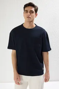 MAN Basic Navy Blue relaxed/Rahat Kesim textured Waffle with pocket Etiketli Short Sleeve T-Shirt
