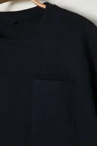 MAN Basic Navy Blue relaxed/Rahat Kesim textured Waffle with pocket Etiketli Short Sleeve T-Shirt - Image 13