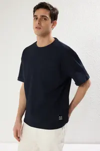 MAN Basic Navy Blue relaxed/Rahat Kesim textured Waffle with pocket Etiketli Short Sleeve T-Shirt - Image 3