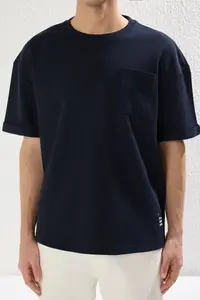 MAN Basic Navy Blue relaxed/Rahat Kesim textured Waffle with pocket Etiketli Short Sleeve T-Shirt - Image 4
