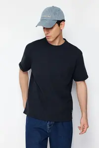 MAN Basic Navy Blue relaxed/Rahat Kesim textured Waffle with pocket Etiketli Short Sleeve T-Shirt - Image 9