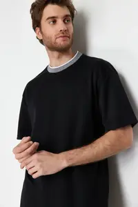 MAN Premium Black Oversized/Wide Cut Knitwear Banded textured Pique T-Shirt - Image 4