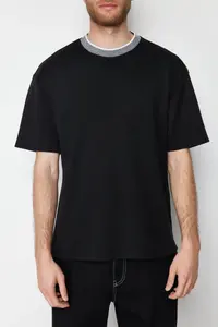 MAN Premium Black Oversized/Wide Cut Knitwear Banded textured Pique T-Shirt - Image 5