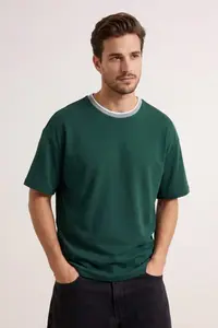 MAN Khaki Oversized/Wide Cut Knitwear Banded textured Pique T-Shirt - Image 3