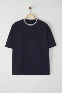 MAN Navy Blue Oversized/Wide Cut Knitwear Banded textured Pique T-Shirt - Image 11