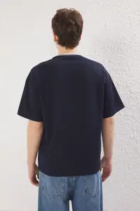 MAN Navy Blue Oversized/Wide Cut Knitwear Banded textured Pique T-Shirt - Image 2