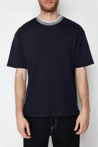 MAN Navy Blue Oversized/Wide Cut Knitwear Banded textured Pique T-Shirt - Image 7