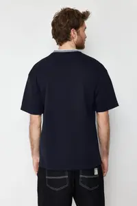 MAN Navy Blue Oversized/Wide Cut Knitwear Banded textured Pique T-Shirt - Image 8