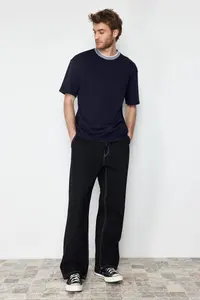 MAN Navy Blue Oversized/Wide Cut Knitwear Banded textured Pique T-Shirt - Image 9