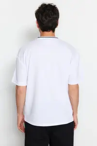 MAN Basic White relaxed/Rahat Kesim Knitwear Bant textured Pique T-Shirt - Image 2