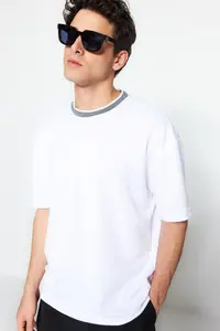 MAN Basic White relaxed/Rahat Kesim Knitwear Bant textured Pique T-Shirt - Image 3