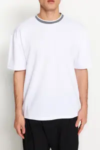 MAN Basic White relaxed/Rahat Kesim Knitwear Bant textured Pique T-Shirt - Image 4