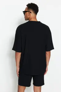 MAN Black Oversized Crew Neck Short Sleeve textured ottoman T-Shirt - Image 2