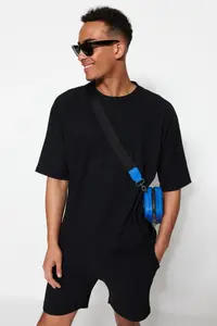 MAN Black Oversized Crew Neck Short Sleeve textured ottoman T-Shirt - Image 3