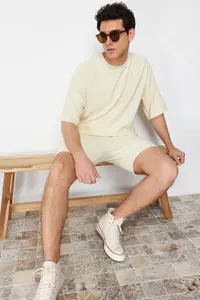 MAN Ecru Premium Oversized Crew Neck Short Sleeve textured ottoman T-Shirt - Image 3