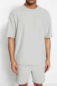 MAN Basic Gray Oversized/Wide Cut textured Wrinkle-Free Ottoman T-Shirt - Image 5