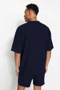 MAN Navy Blue Premium Oversized Crew Neck Short Sleeve textured Wrinkle-Free Ottoman T-Shirt - Image 2
