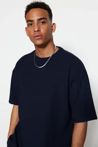 MAN Navy Blue Premium Oversized Crew Neck Short Sleeve textured Wrinkle-Free Ottoman T-Shirt - Image 3