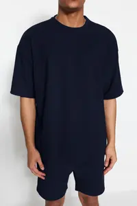 MAN Navy Blue Premium Oversized Crew Neck Short Sleeve textured Wrinkle-Free Ottoman T-Shirt - Image 4