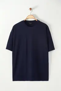 MAN Navy Blue Premium Oversized Crew Neck Short Sleeve textured Wrinkle-Free Ottoman T-Shirt - Image 6