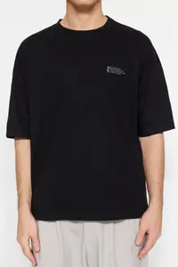 MAN Black Oversized 100% Cotton Minimal Text Printed T-Shirt - Image 4