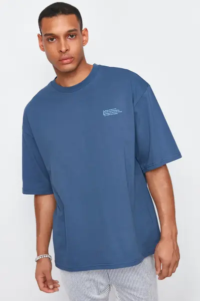 MAN Indigo Oversized 100% Cotton Crew Neck Minimal Text Printed T-Shirt