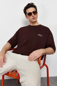 MAN Dark Brown Oversized/Wide Cut 100% Cotton Minimal Text Printed T-Shirt - Image 4