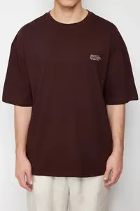 MAN Dark Brown Oversized/Wide Cut 100% Cotton Minimal Text Printed T-Shirt - Image 5