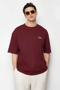 MAN Burgundy Oversized 100% Cotton Crew Neck Minimal Text Printed Tok Material T-Shirt