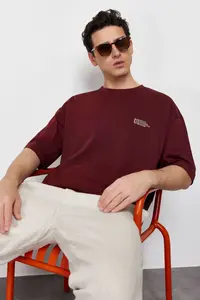 MAN Burgundy Oversized 100% Cotton Crew Neck Minimal Text Printed Tok Material T-Shirt - Image 2