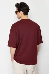 MAN Burgundy Oversized 100% Cotton Crew Neck Minimal Text Printed Tok Material T-Shirt - Image 3