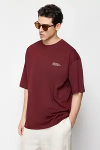 MAN Burgundy Oversized 100% Cotton Crew Neck Minimal Text Printed Tok Material T-Shirt - Image 4